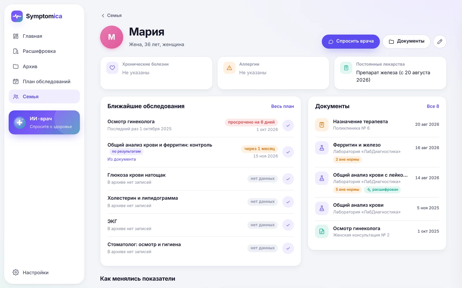 Профиль члена семьи с обследованиями и документами